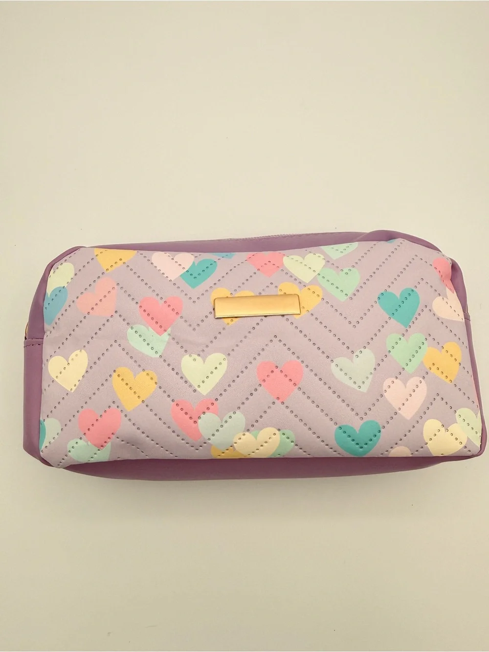 Lavender Cosmetic Bag with Multicolor Heart Print and crossbody strap NEW